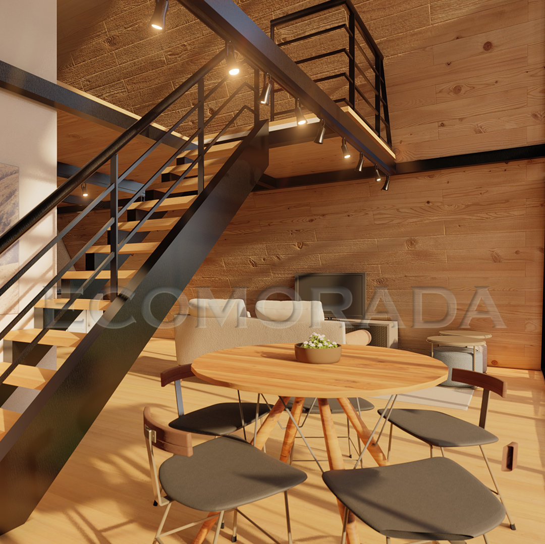 sala de estar escada steel frame chale aframe